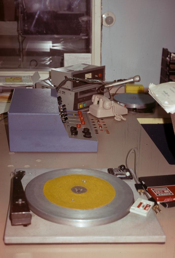 KRWG Radio news broadcast console, 1975